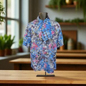 BASSIRI MEN'S CASUAL ABSTRACT SHORT SLEEVE SHIRT. ROYAL PURPLE BLUE FUSCIA. 1050